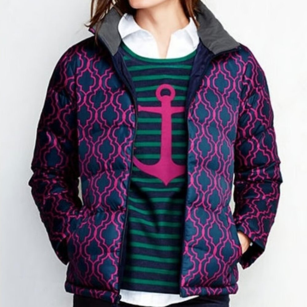 Lands' End - Women's - Down Puffer Coat - Pink and Navy - Size Large